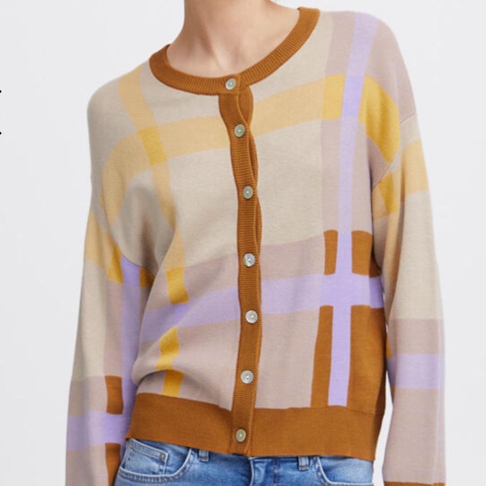 Ichi Colour Block Knit Cardigan, Tan Multi